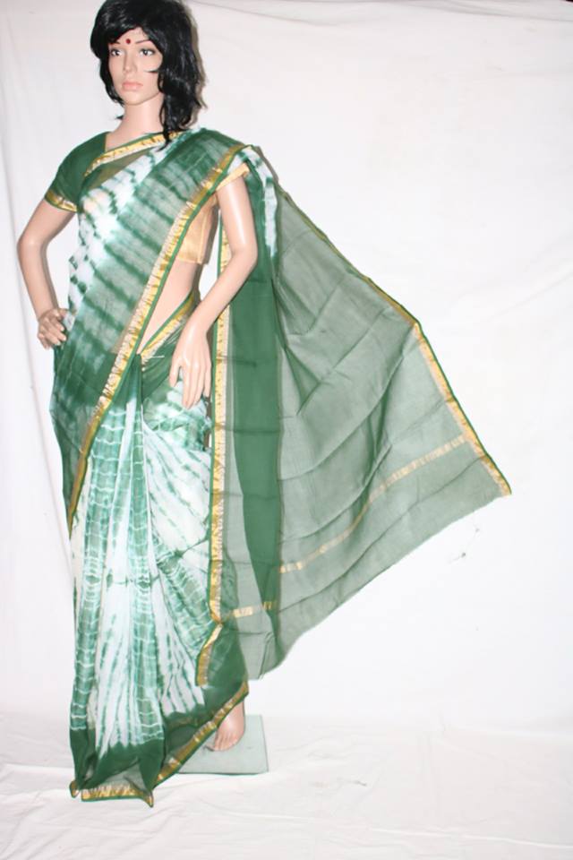 GREEN SHIBORI DYED COTTON KOTA SAREE.