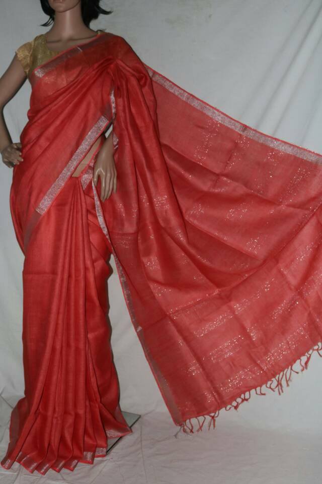 RUST COLOR PURE LINEN SAREE.