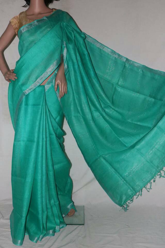 LIGHT TURQUOISE BLUE COLOR PURE LINEN SAREE.