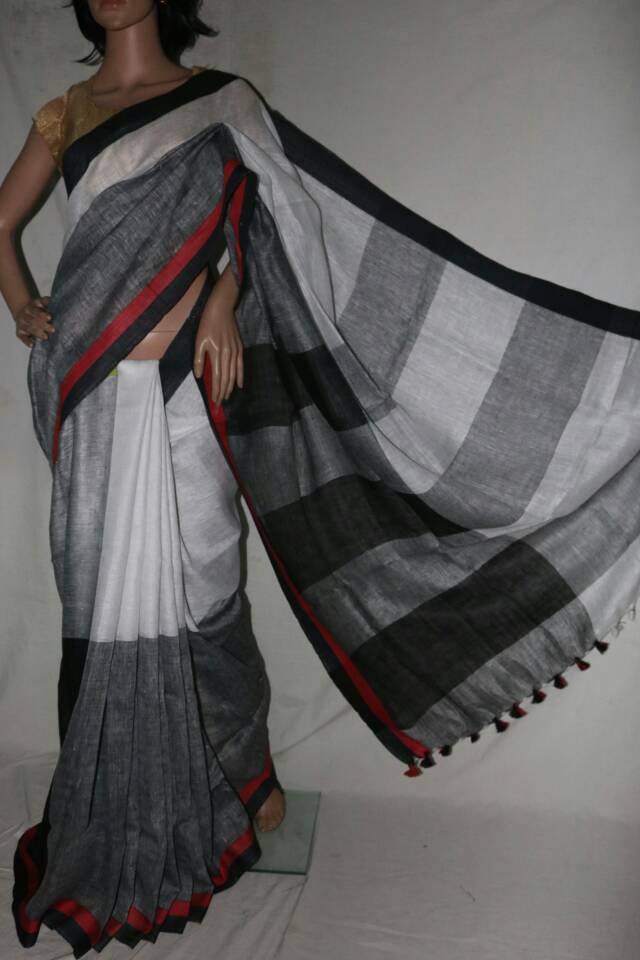 BLACK AND WHITE PURE LINEN SAREE.