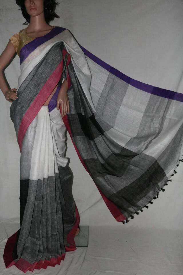 BLACK AND WHITE PURE LINEN SAREE.