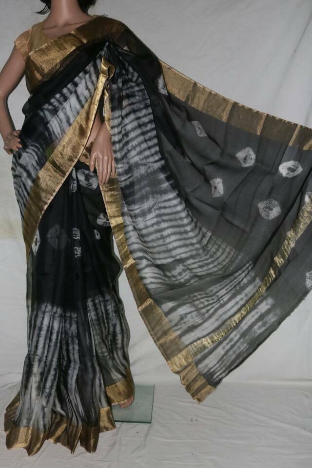 BLACK AND WHITE SHIBORI DYED SILK KOTA SAREE.