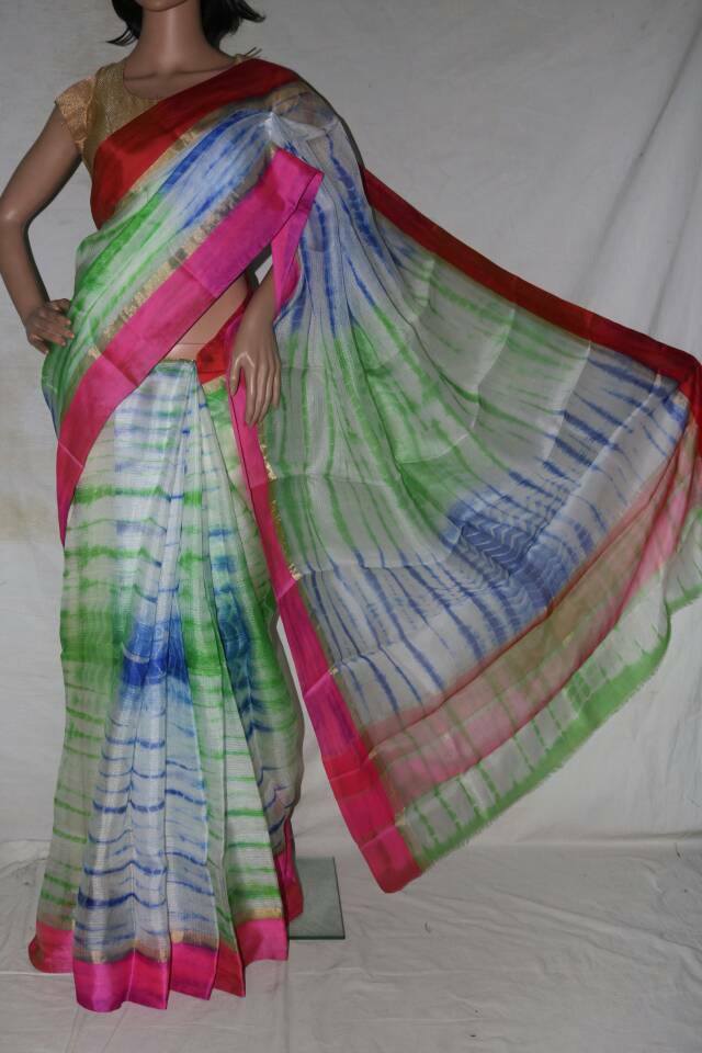 WHITE BASED SHIBORI DYED SILK KOTA SAREE.