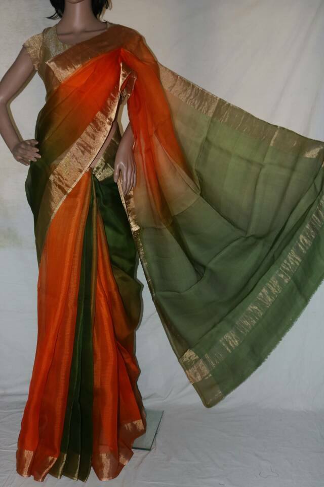 ORANGE GREEN SHADED SILK KOTA SAREE.