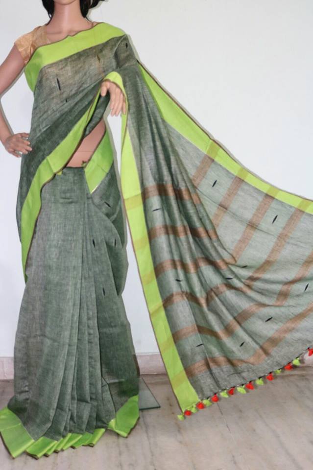 LIGHT GREY COLOR PURE LINEN SAREE.