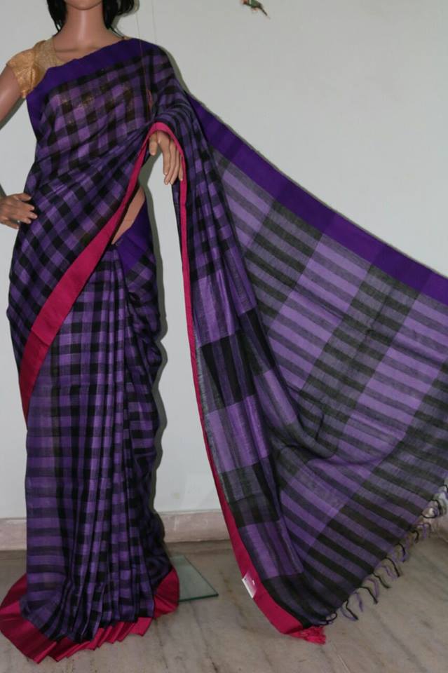 PURPLE CHECKS WITH PURE LINEN SAREE.