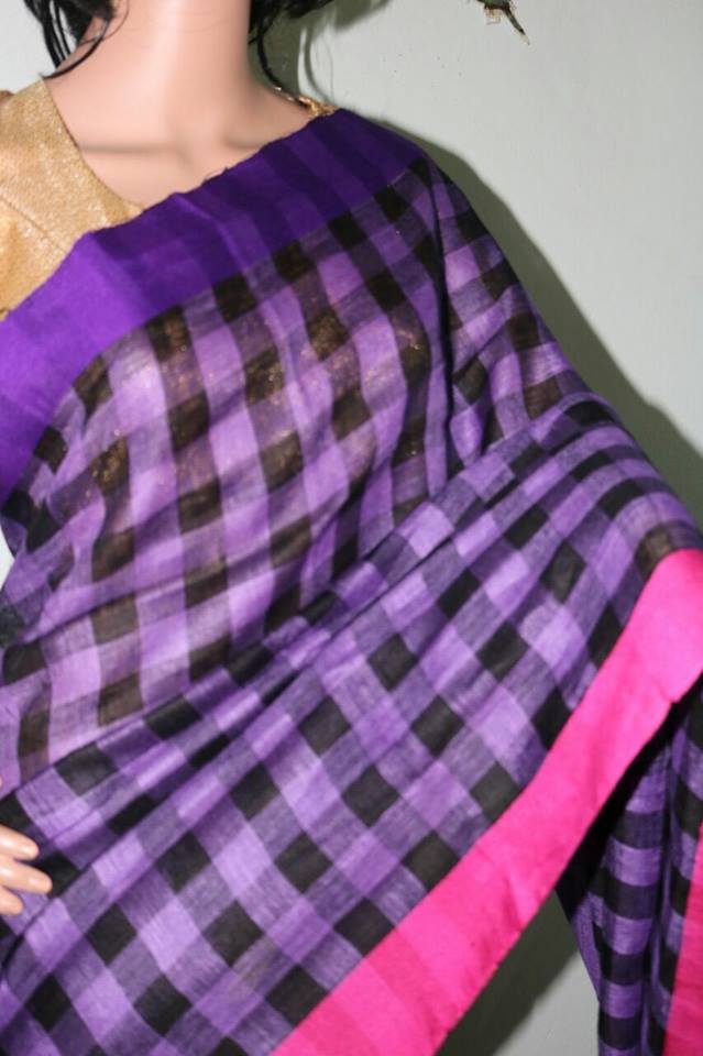 PURPLE CHECKS WITH PURE LINEN SAREE.