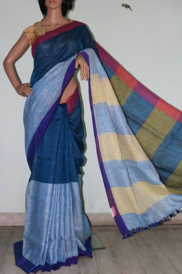 LIGHT BLUE PURE LINEN SAREE.