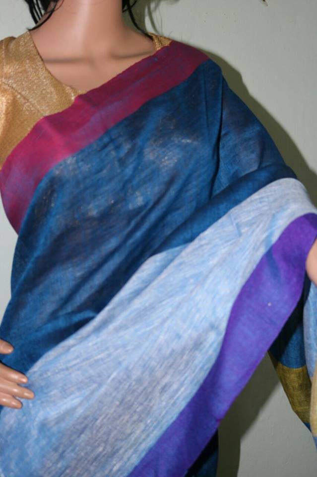 LIGHT BLUE PURE LINEN SAREE.