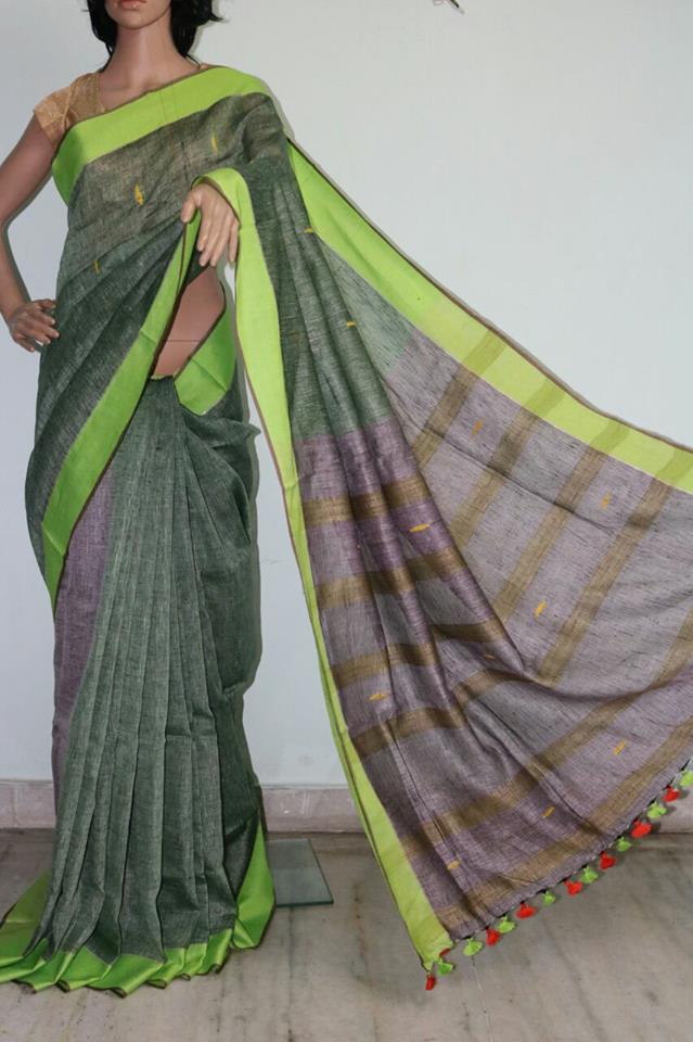 LIGHT GREY COLOR PURE LINEN SAREE.