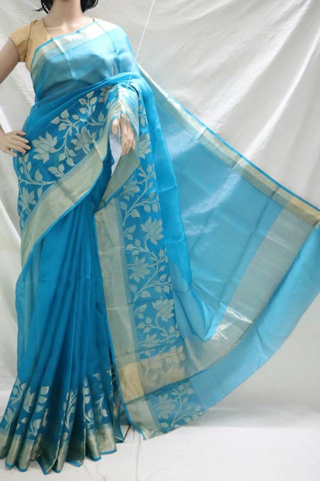 BLUE SHADED SILK KOTA SAREE WITH SELF WEAVED DESIGN.