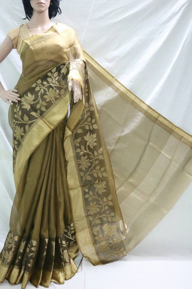 BROWN SILK KOTA SAREE WITH SELF WEAVED DESIGN.