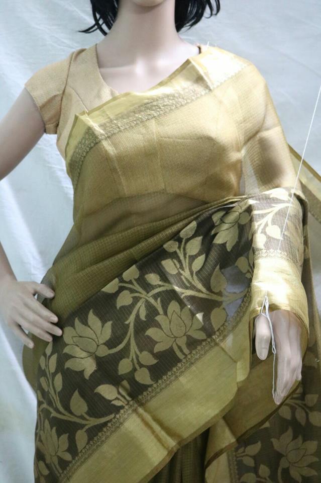 BROWN SILK KOTA SAREE WITH SELF WEAVED DESIGN.