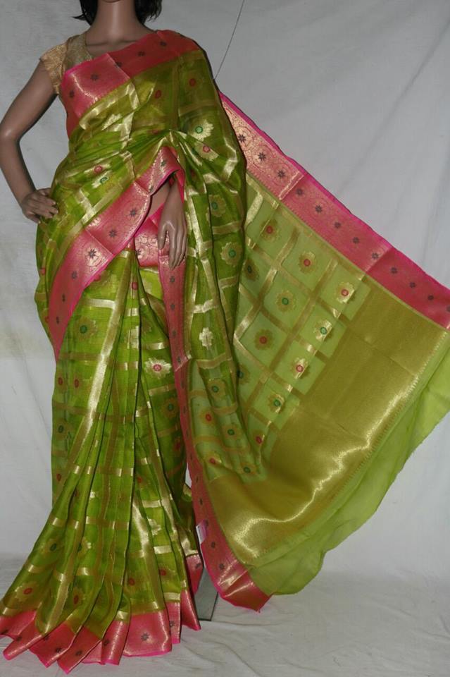 PINK BORDER GREEN SILK KOTA SAREE WITH SELF WEAVED DESIGN.