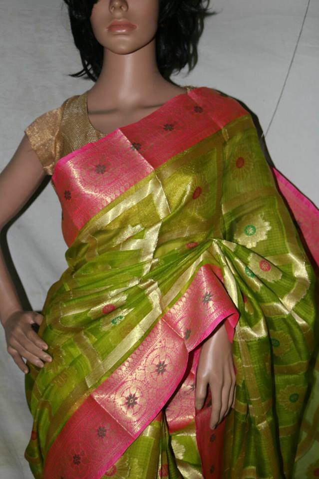 PINK BORDER GREEN SILK KOTA SAREE WITH SELF WEAVED DESIGN.