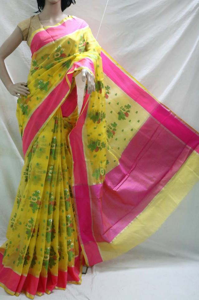 PINK BORDER YELLOW SILK KOTA SAREE WITH SELF WEAVED DESIGN.