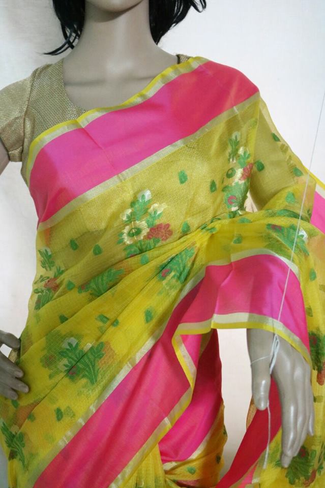 PINK BORDER YELLOW SILK KOTA SAREE WITH SELF WEAVED DESIGN.