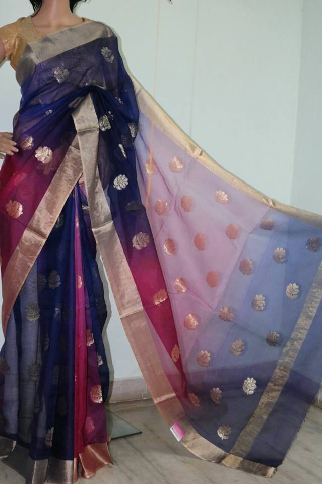 BLUE & PINK  SHADED WITH SELF WEBVED SILK KOTA SAREE.