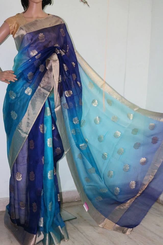 BLUE / FEROJA SHADED SILK KOTA SAREE WITH SELF WEAVED DESIGN.