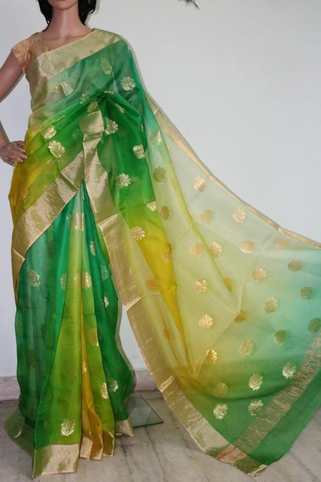 GREEN YELLOW SHADED WITH SELF WEAVED SILK KOTA SAREE.