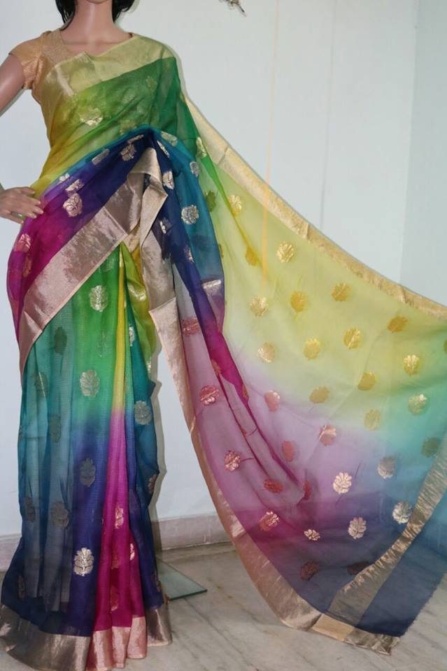 PARROT GREEN / YELLOW / PINK / BLUE SHADED WITH SELF WEAVED SILK KOTA SAREE.