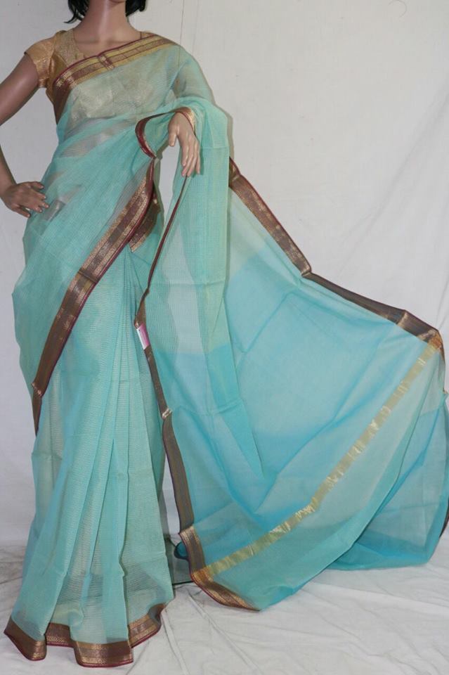 SKY BLUE COTTON KOTA DORIA SAREE.