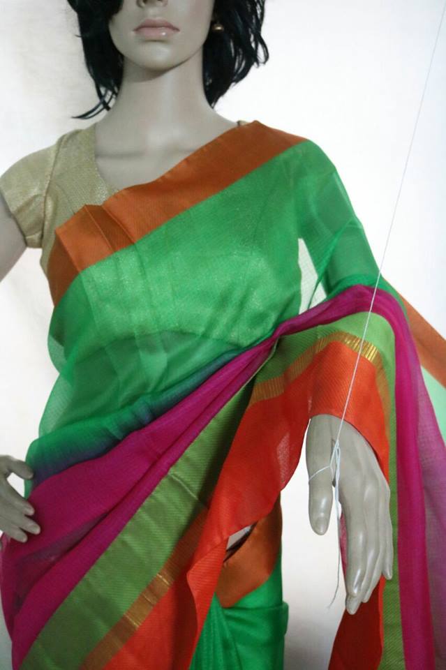 GREEN / PINK HALF N HALF COLOR SILK KOTA SAREE.