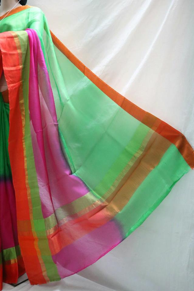 GREEN / PINK HALF N HALF COLOR SILK KOTA SAREE.