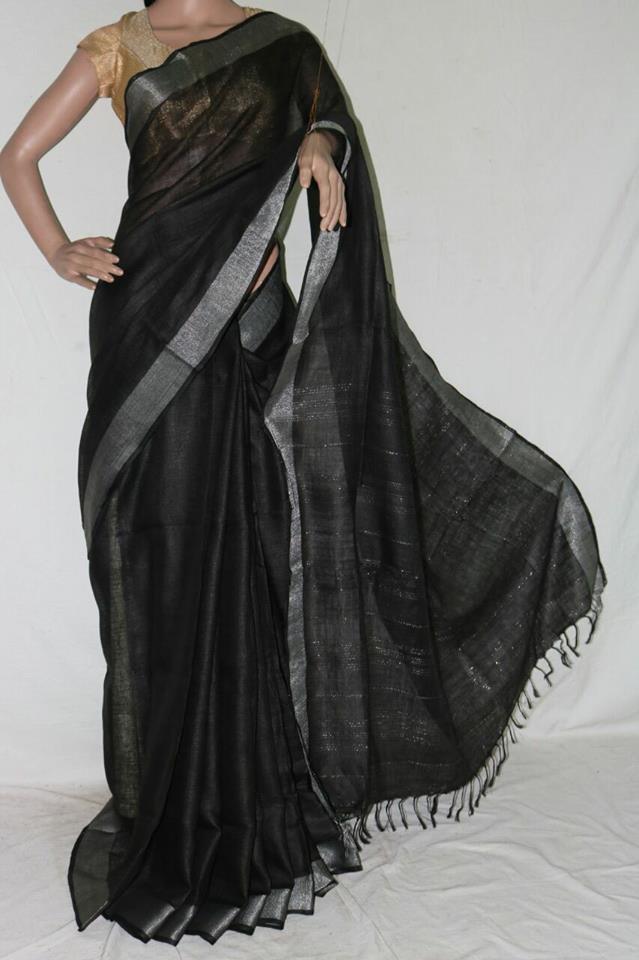 BLACK COLOR PURE LINEN SAREE.