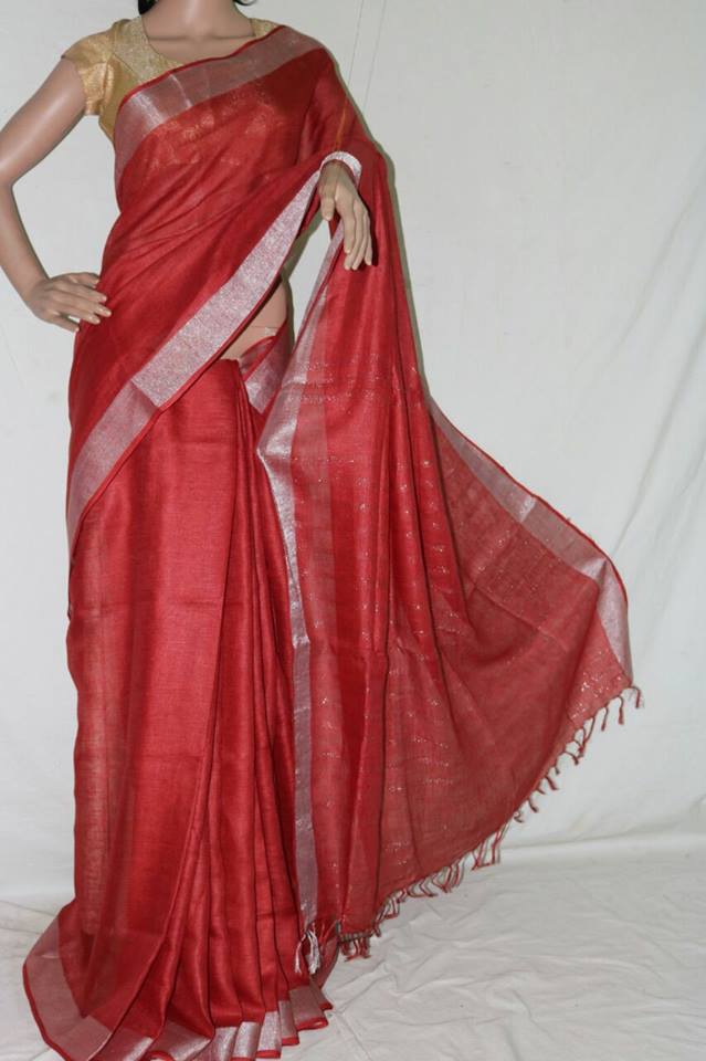 MARUNISH RED COLOR PURE LINEN SAREE.