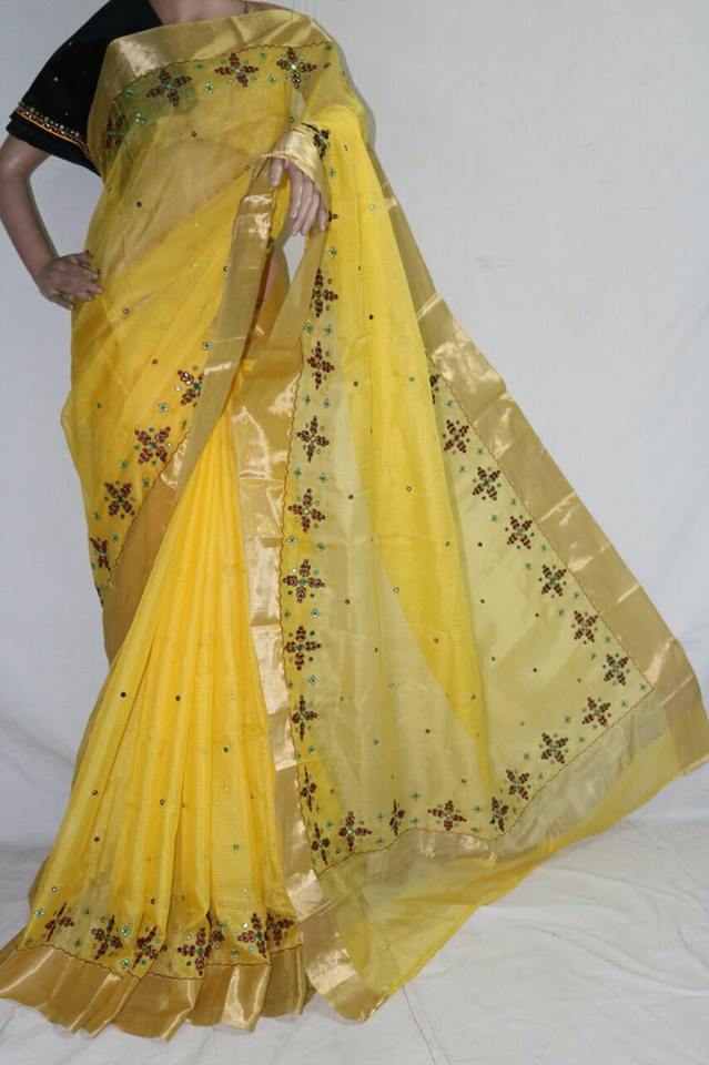 YELLOW SILK KOTA SAREE WITH MIRROR WORK.