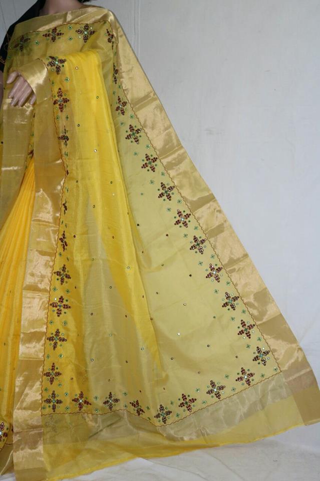 YELLOW SILK KOTA SAREE WITH MIRROR WORK.