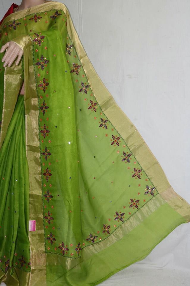 GREEN SILK KOTA SAREE WITH MIRROR WORK