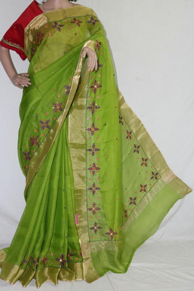 GREEN SILK KOTA SAREE WITH MIRROR WORK