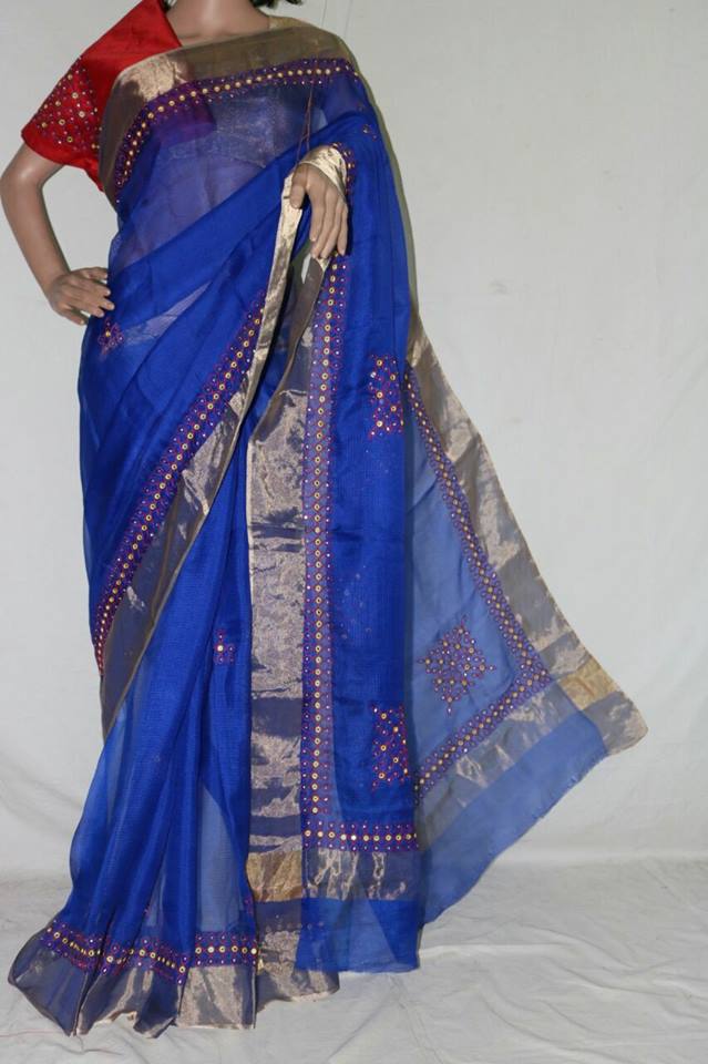 BLUE SILK KOTA SAREE WITH MUGGU WORK.