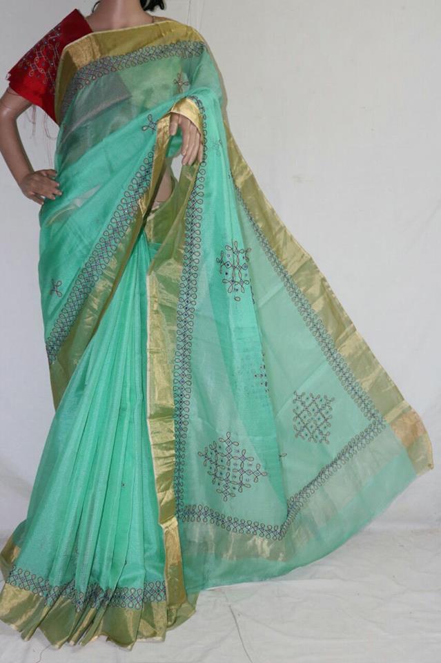 AQUA GREEEN SILK KOTA SAREE WITH MUGGU WORK.