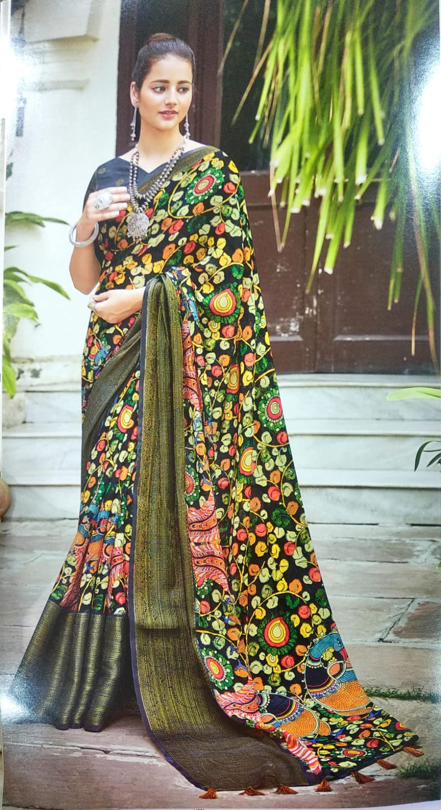 BLACK COLOR LINEN SILK SAREE WITH KALAMKARI.