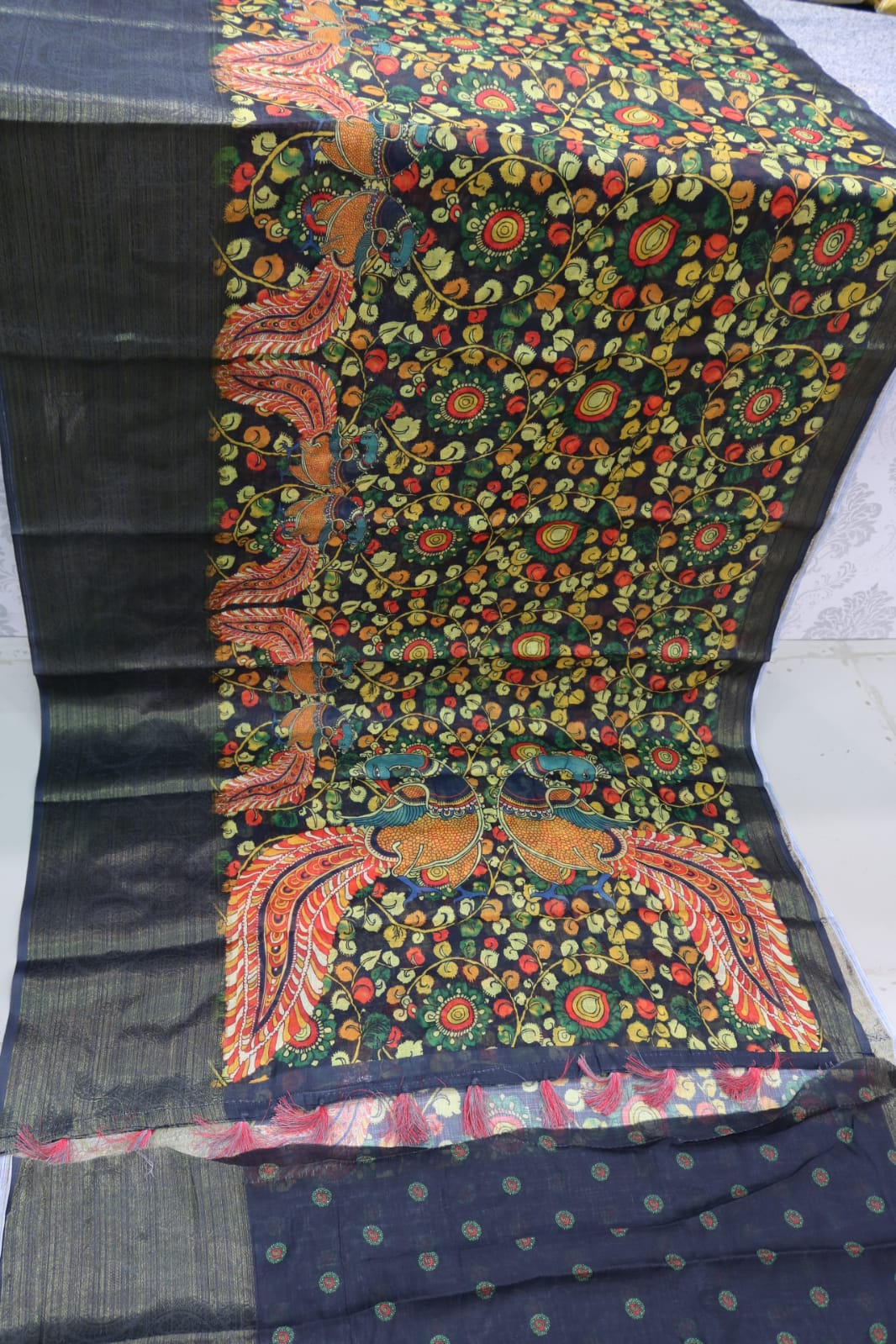 BLACK COLOR LINEN SILK SAREE WITH KALAMKARI.