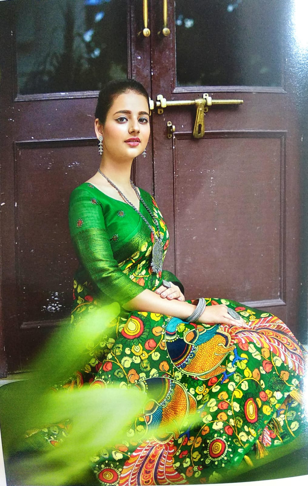 GREEN COLOR LINEN SILK KALAMKARI SAREE.