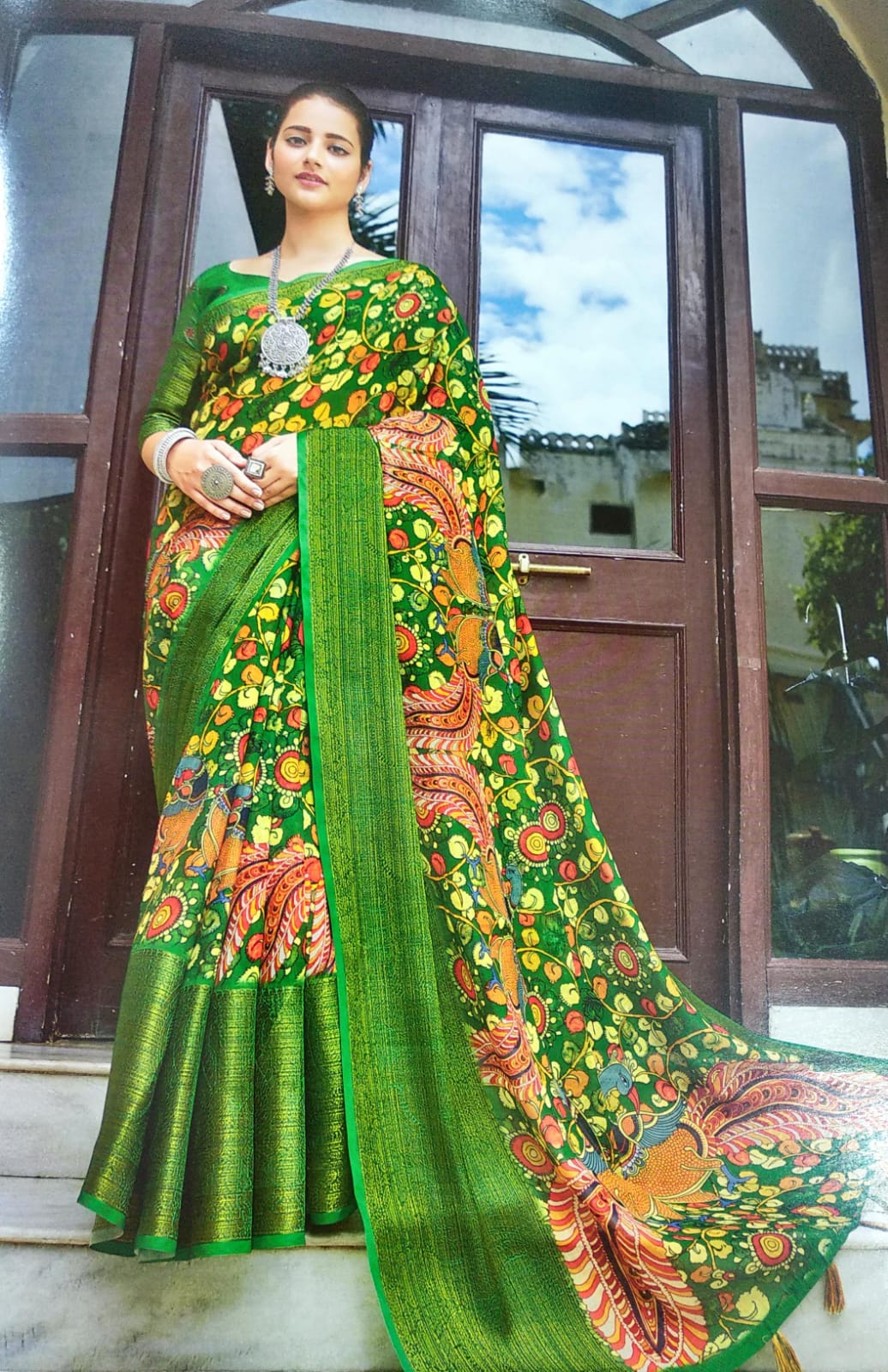 GREEN COLOR LINEN SILK KALAMKARI SAREE.