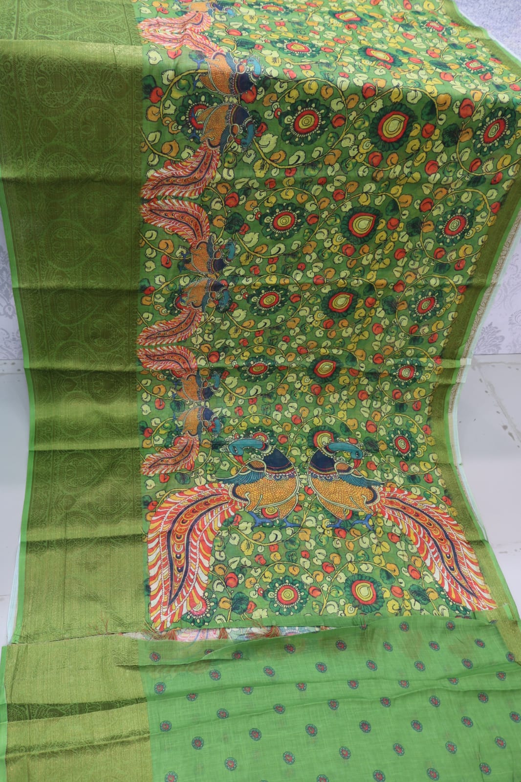 GREEN COLOR LINEN SILK KALAMKARI SAREE.