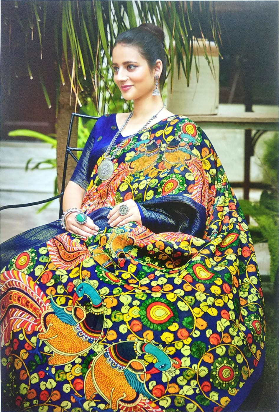  BLUE COLOR LINEN SILK KALAMKARI SAREE.