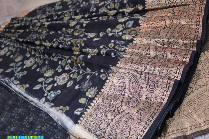 BLACK PURE SILK KALAMKARI SAREE.