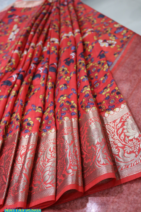 RED COLOR PURE SILK KALAMKARI SAREE.