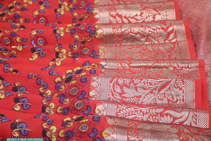 RED COLOR PURE SILK KALAMKARI SAREE.