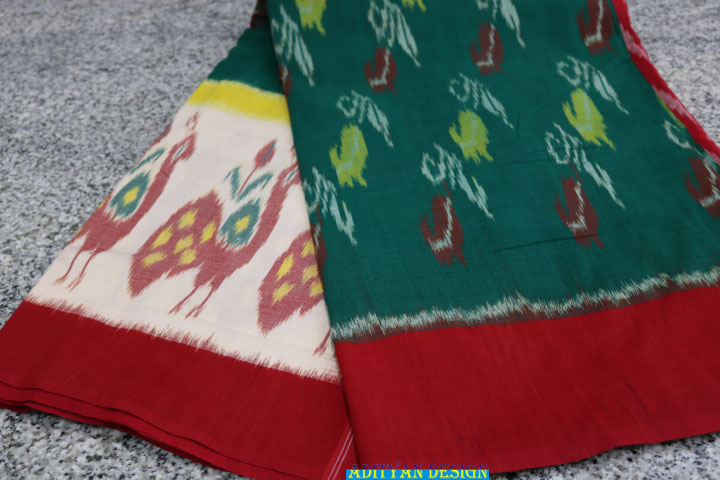 RED/GREEN POCHAMPALLI IKKAT COTTON SAREE.