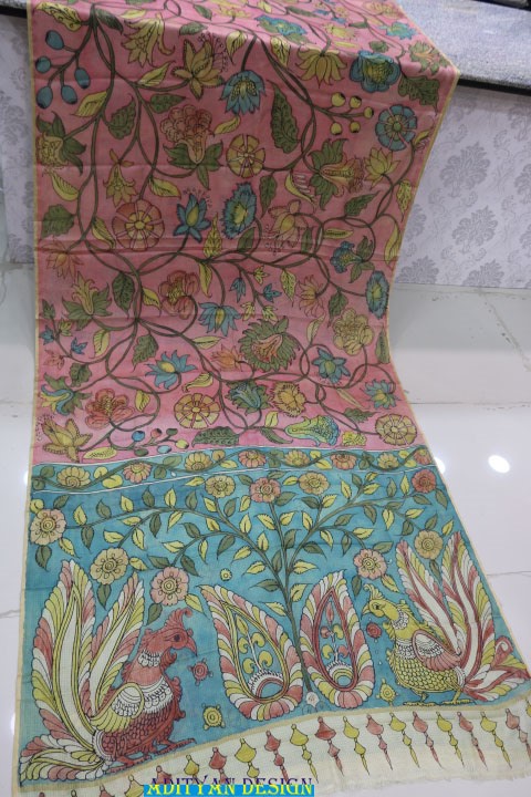 PEACH COLOR DOUBLE WEAVED SILK KOTA SAREE WITH PURE PEN KALAMKARI.