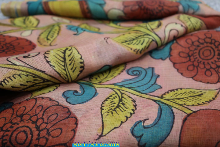 LIGHT PEACH COLOR DOUBLE WEAVED SILK KOTA SAREE WITH PURE PEN KALAMKARI.