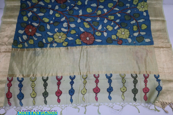 BLUE COLOR HANDLOOM CHANDERI SAREE WITH PEN KALAMKARI WORK.