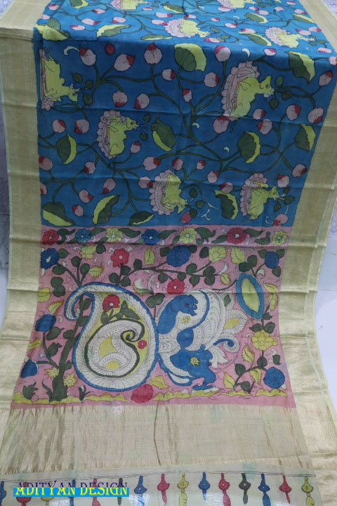 PURE CHANDERI SAREE WITH PEN KALAMKARI WORK.